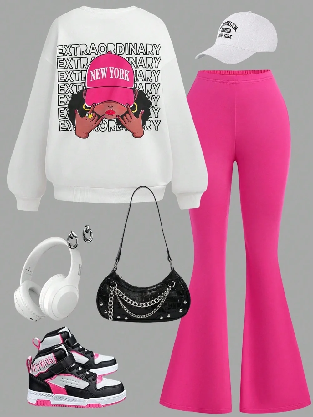 White Graphic 'New York' Sweatshirt with Hot Pink Flared Pants